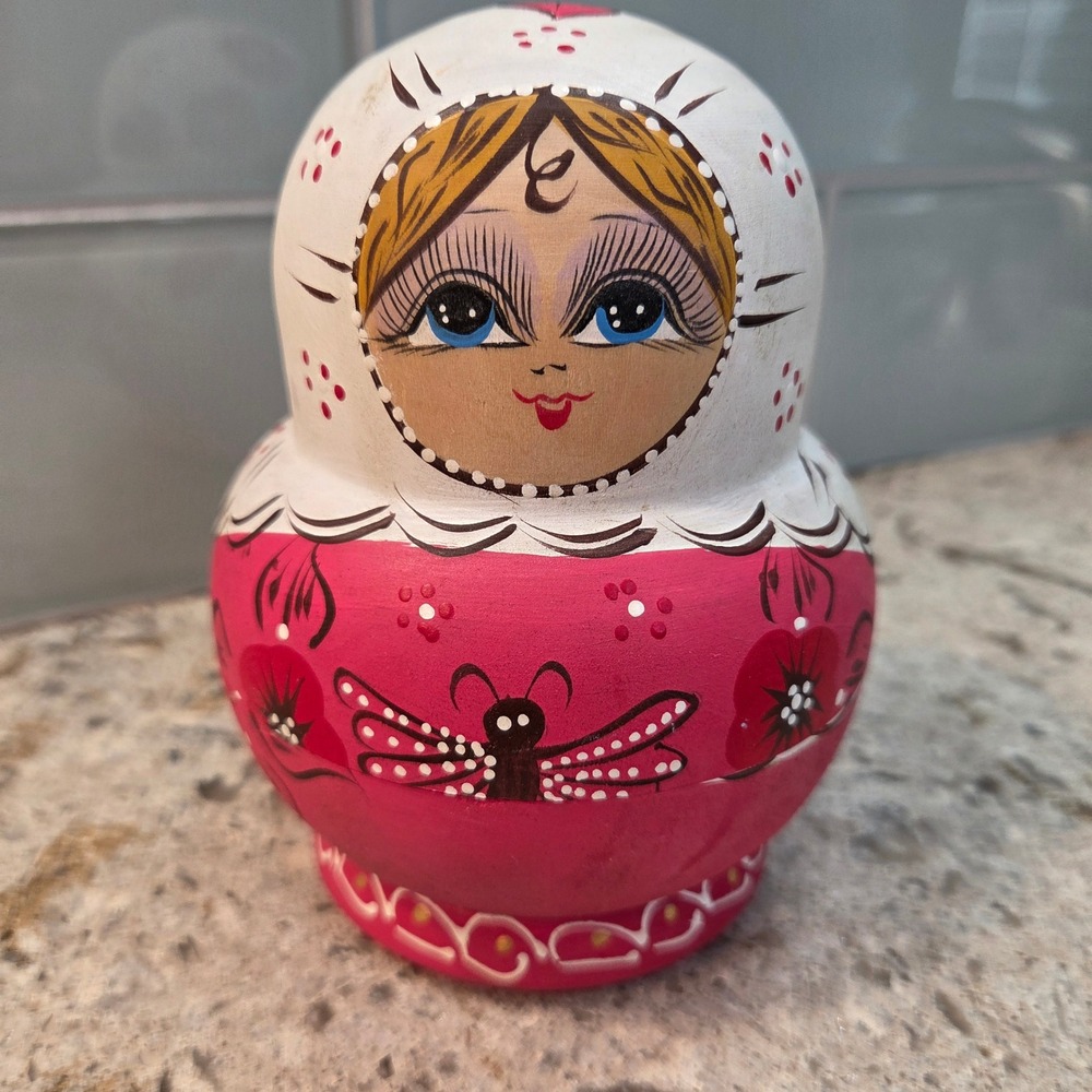 9 Piece Pink Russian Matryoshka Nesting Dolls Floral Dragonfly Wooden Folk Art‎